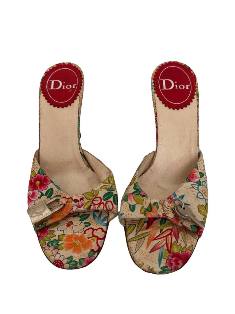 Dior SS 2003 Galliano Silk Floral Padlock Sandals Vintage Y2K Dior Heels EU 39